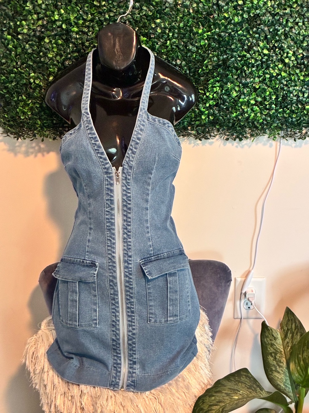 Denim Zip-Front Halter Dress in Light Blue